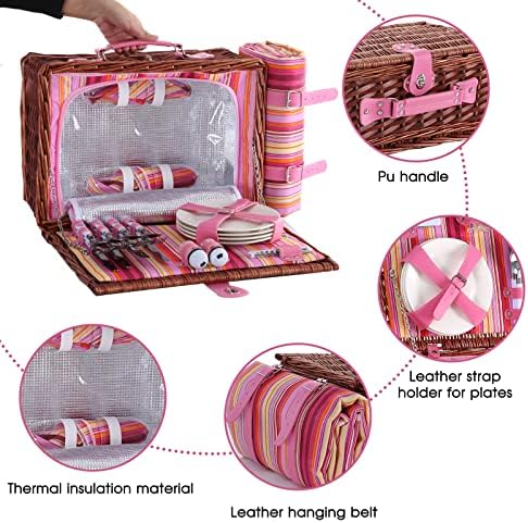 Wicker Picnic Basket for 4 with Waterproof Picnic Blanket and Insulated Cooler, Willow Hamper for Camping, Outdoors, Photoshoot, or a Birthday, Valentine’s Day, Wedding Gift, Pink - Image 5
