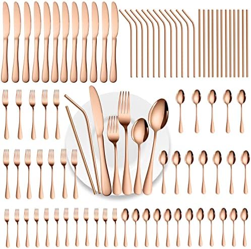 84 Pieces Mirror Rose Gold Silverware Service for 12 Flatware Set Stainless Steel Utensils Cutlery Set Dishwasher Safe by Gutuwellea