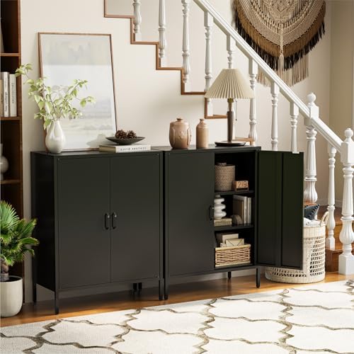 COFaR Black Metal Storage Cabinet, 40” Industrial Kitchen Organizer & Buffet Sideboard, 3-Tier Steel Cabinet with Adjustable Shelves, Magnetic Doors for Coffee Bar, Office, Dining Room - Image 4