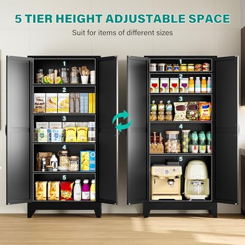 SISESOL 72" Tall Pantry Cabinet,Wide & Deep Farmhouse Kitchen Pantry Storage Cabinets with 2 Doors and 5 Shelves,Black Metal Storage Cabinet,Large Cupboard for Home,Kitchen,Dining/Living Room - Image 5