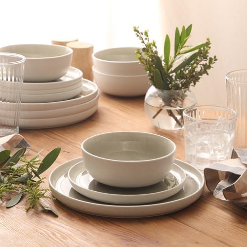 Gibson Elite Tahoe Sunset 12-Piece Reactive Stoneware Dinnerware Set – Matte Exterior & Shiny Interior Plates and Bowls, Durable Everyday Dish Set, Microwave & Dishwasher Safe - Grey - Image 4