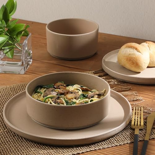 Gibson Elite Tatum Premium Porcelain Matte Reactive Glaze 16-Piece (Service for 4) Plates and Bolws Stackable Dishes Ceramic Dinnerware - Blush Pink/Taupe - Image 6