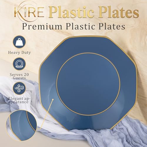 KIRE 140Pcs Blue Plastic Plates with Gold Rim - Navy Blue Plates for Party - Image 5