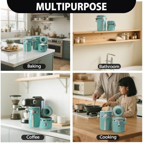 4 Piece Airtight Ceramic Canister Set With Attached Wooden Spoon Reusable Chalk Labels For Dry Goods Sugar Coffee Tea Kitchen Storage Use (Turquoise) - Image 4