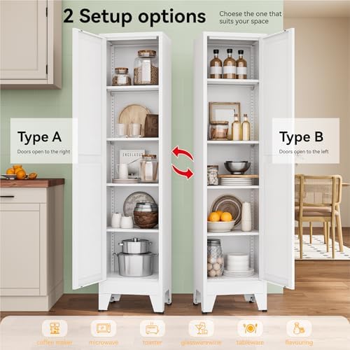 YAUWOH Narrow Metal Storage Cabinet, Tall Freestanding Cabinet with 4 Adjustable Shelves & Barn Doors, Pantry Organizer for Bathroom Kitchen Home Office Dining Room（1PC,White） - Image 4
