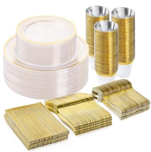 BESTVIP 300PCS Plastic Dinnerware Set, Clear Gold Disposable Plates by Bestvip