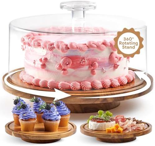 HOMESPHERE Rotating Cake Stand With Lid - 12 Inch Round Cake Holder with Cover, 4” Tall, Acacia Wood Spinning Cake Turntable for Decorating, Display and Serving Platter, Acrylic Cake Dome, No Glass by Homesphere
