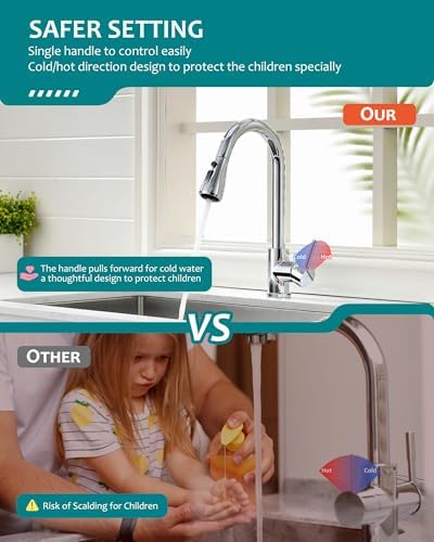 VFAUOSIT Kitchen Faucet with Pull Down Sprayer, Polished Chrome High Arc - Image 3