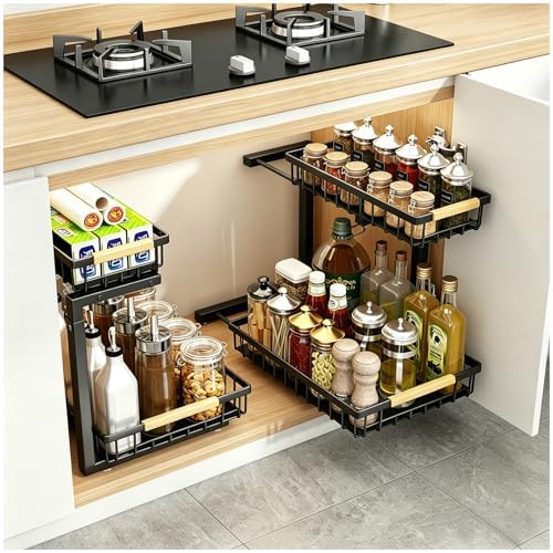 2 Pack Under Sink Organizer, 2-Tier Pull Out Kitchen Cabinet Organizer, Height Adjustable Metal Slide Out Bathroom Organizers and Storage Makeup Drawer Organizer for Office Bedroom (B-Black, 2Pack) by EGBULL