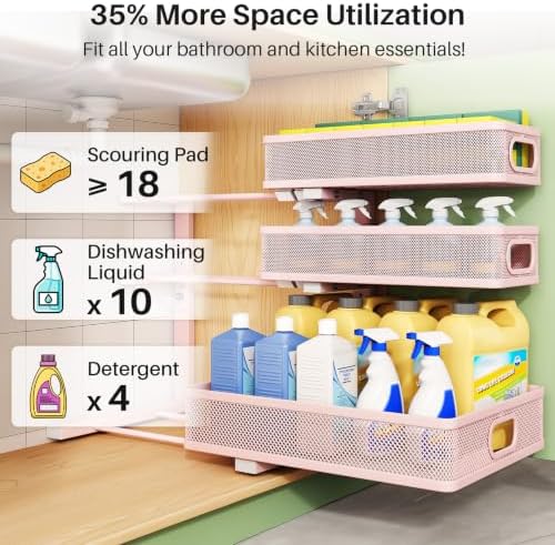 Kitstorack Under Sink Organizer, 2-Pack 3-Tier Height Adjustable Thickened Metal Pull out Cabinet Organizer Shelf, Slide out Storage Drawer Rack for Bathroom Kitchen Pantry Home Organization, Pink - Image 4