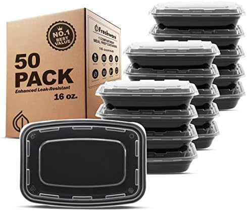 Freshware Meal Prep Containers [50 Pack] 1 Compartment Food Storage Containers with Lids, Bento Box, BPA Free, Stackable, Microwave/Dishwasher/Freezer Safe (16 oz) by Freshware