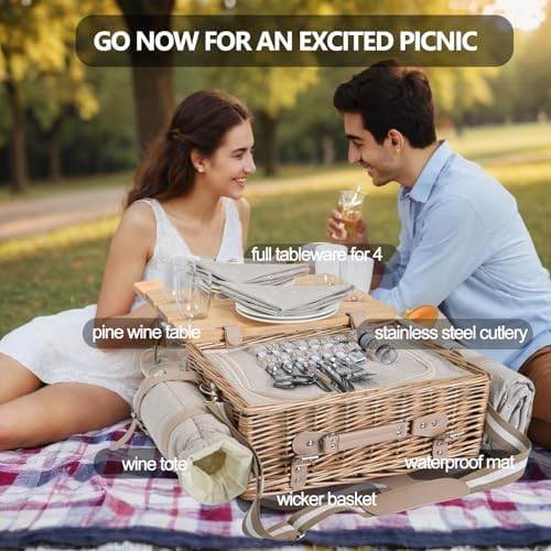 Multifunctional Wicker Picnic Basket Set for 4 with Blanket and Picnic Table, Insulated Picnic Set with Full Tablewares for Camping Outdoor Couples, Flowers - Image 6