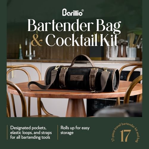 Barillio Bartender Kit Bag with Black Cocktail Shaker Set - Waxed Canvas, Traveling Bar Tools Bag with 17-Pc Cocktail Kit - Travel Mixology Bartending Kits - Mobile Bar Roll with Strap & Accessories - Image 4
