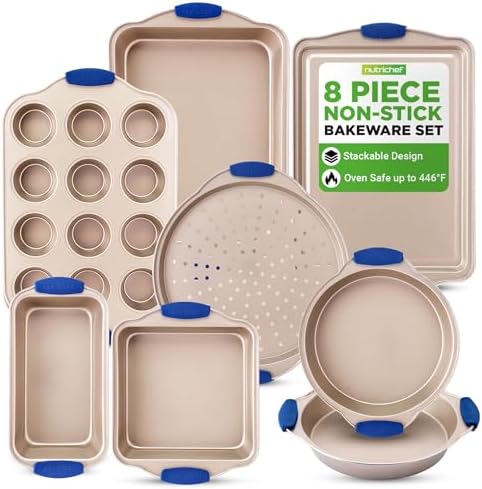 NutriChef 8-Piece Nonstick Bakeware Set - Heavy Duty Carbon Steel Baking Pans w/ Blue Silicone Handles - Pizza Crisper, Muffin & Loaf Pan, Round & Square Pans, Cookie Sheet - Champagne Gold by NutriChef%E2%84%A2Kitchen