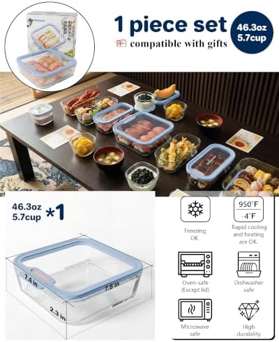 1-Pack Glass Food Storage Containers with Tempered Lids, 5.7Cup Borosilicate Glass Meal Prep Containers, Airtight & Oven-Safe (-4°F~950°F), BPA-Free, （Light blue） - Image 5