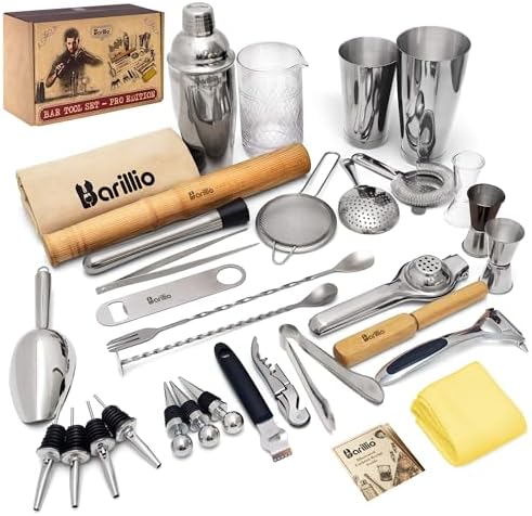 Barillio Bar Tool Set Pro Edition - Stainless-Steel Cocktail Shaker Set - Mixology Bartender Kit w/Boston Shaker, Drink Mixer & Muddler for Cocktails - Home Bar Accessories - 32-Pc Bar kit by Barillio