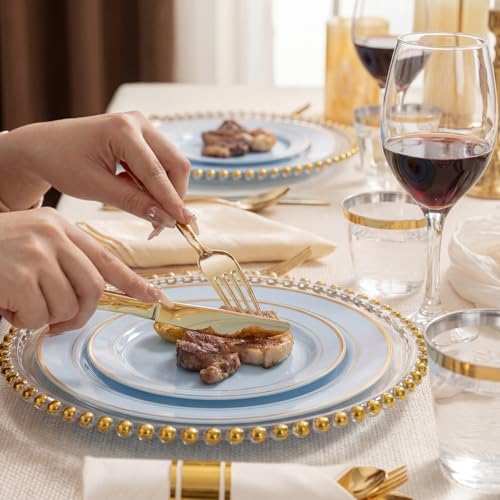 WDF Partyware 175PCS Blue Plates Disposable - Baby Blue Plastic Plates - 25Guests Plastic Dinnerware with Rolled Napkins for Wedding/Birthday/Baby Shower - Image 3