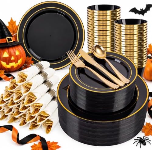 WELLIFE 350PCS Black and Gold Plastic Plates - Plastic Dinnerware Set for 50 Guests,Include 50 Dinner Plates, 50 Dessert Plates, 50 Black Cups 9 OZ, 50 Pre Rolled Napkins with Gold Silverware by WELLIFE