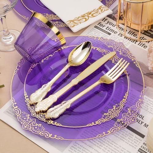 Bestluck 700PCS Clear Purple Plastic Plates for 100 Guests - Image 3