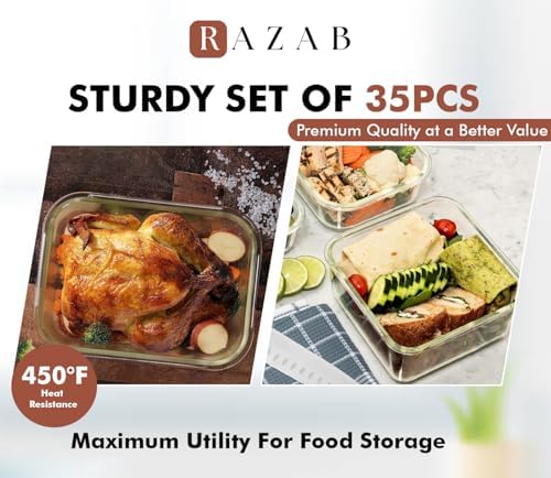 Razab 35 Pc Set Glass Food Storage Containers with Lids - Meal Prep Airtight Bento Boxes BPA-Free 100% Leak Proof (15 lids,15 glass & 5 Plastic Sauce/Dip Containers) - Image 6