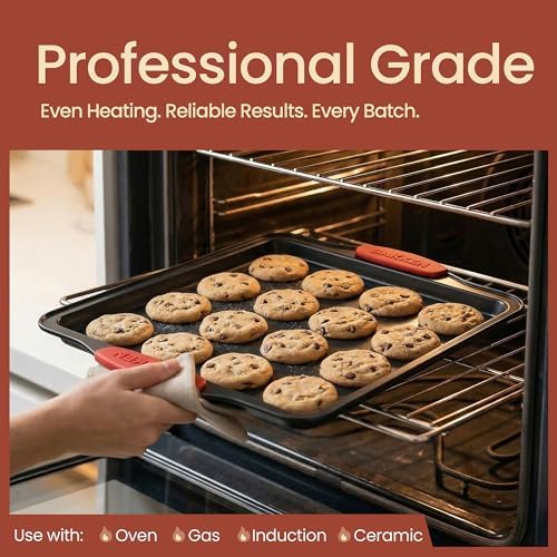 BAKKEN Kitchen Baking Pan Set - Nonstick Coating, Carbon Steel Bakeware Sets with Red Silicone Handles, Baking Kitchen Essentials, PFOA, PFOS, PTFE Free, Oven Safe Tray (Up To 450° F), Set of 18 - Image 3