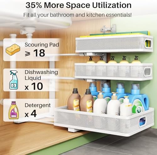 Kitstorack Under Sink Organizer, 1-Pack 3-Tier Height Adjustable Thickened Metal Pull out Cabinet Organizer Shelf, Slide out Storage Drawer Rack for Bathroom Kitchen Pantry Home Laundry Organization - Image 6