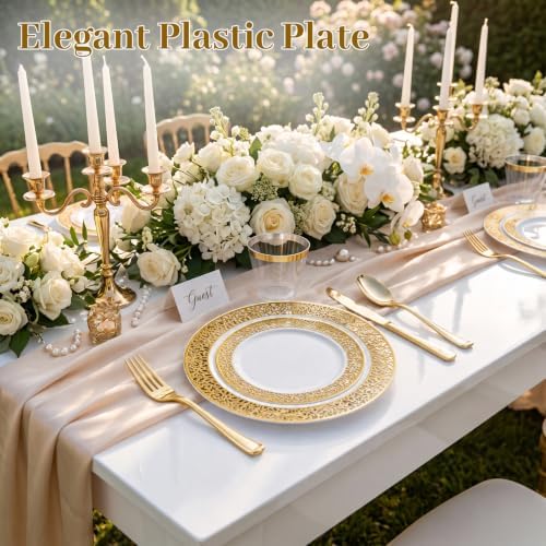 WELLIFE 210Pcs Gold Plastic Dinnerware - Disposable Silverware and Cups, Include:30 Dinner Plates, 30 Dessert Plates, 30 Paper Napkins, 30 Cups, 30 Gold Plastic Cutlery Set for Party and Wedding - Image 4