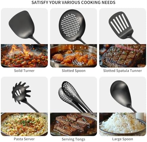 304 Stainlss Steel Matte Kitchen Utensils Set, 11 Pcs Long Metal Cooking Utensil Gadgets Tools Set with Spatula, Ladle, Spoon, Ladle, Skimmer, Tunner, Pasta Server, Tongs(Black, Dishwasher Safe) - Image 3