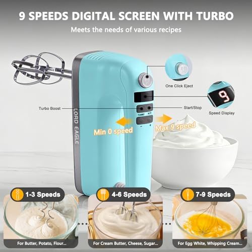 Lord Eagle 9-Speed Digital Hand Mixer Electric Handheld, 500W DC Motor - Image 2