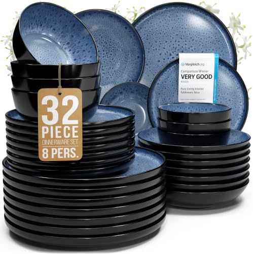 32 Piece Stoneware Dinnerware Set for 8, Handcrafted Plates and Bowls Set by PURELIVING