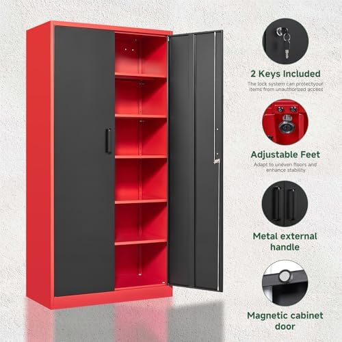 Letaya Metal Garage Storage Cabinets with Lock, 72" Tall Locker Organizer Steel Tool Cabinets,5 Adjustable Shelves 2 Doors for Home Office, Warehouse,Garage,Industrial,Employee (Black Red) - Image 5