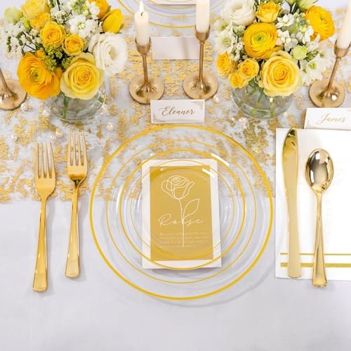 GATHER 350PCS Clear Plastic Plates with Gold Rim for Wedding and Party - Image 3