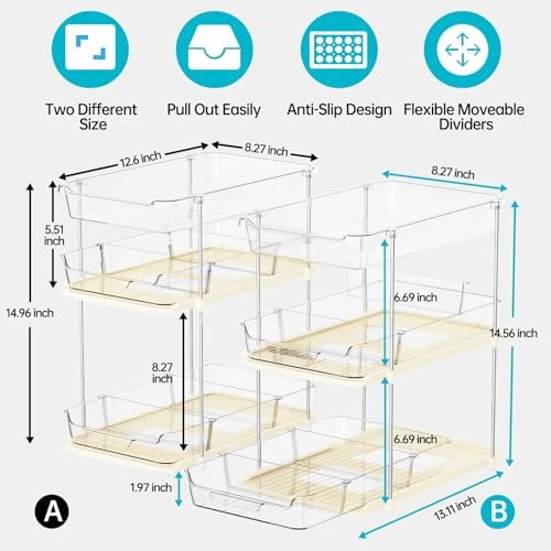 Delamu 2 Pack 3-Tier Bathroom Under Sink Organizers and Storage, Multi-Purpose Stackable Pantry Organization and Storage, Pull Out Clear Kitchen Bathroom Cabinet Organizer with Movable Dividers, Beige - Image 2