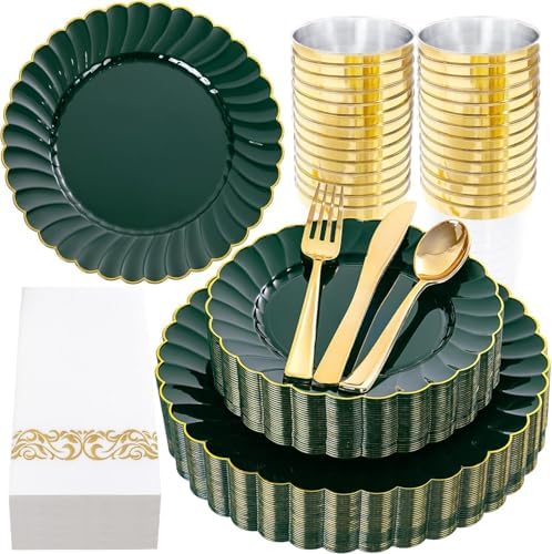 YOUBET 175PCS Green Scalloped Plastic Plates for Party Wedding by YOUBET