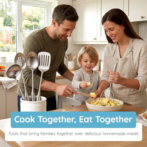 Millvado Stainless Steel Kitchen Utensil Set, Cooking Utensils, Set of 6 Kitchen Tools, Solid Spoon, Slotted Spoon, Solid Turner, Slotted Turner, Soup Ladle, Potato Masher, Dishwasher Safe - Image 7