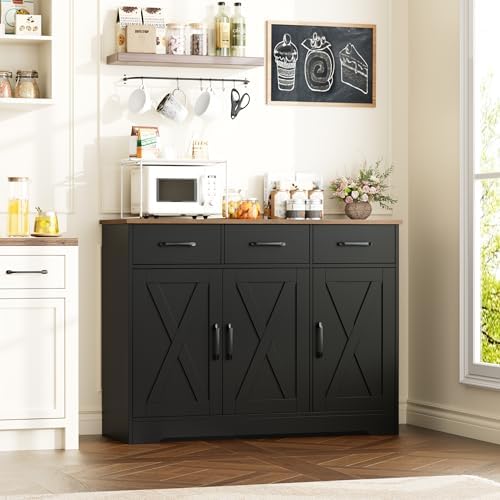 HOSTACK Kitchen Buffet Cabinet with Storage, Sideboard Coffee Bar, Black - Image 4