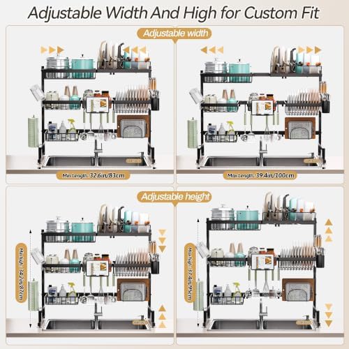 ADBIU Over Sink Dish Drying Rack (Expandable Height/Length) Snap-On Design Large Dish Drainer Storage Counter Organizer 32-40L x 12W x 34-38H (inches) - Image 2