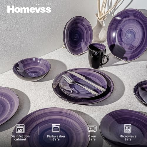 HomeVss Sonoma 16-Piece Dinnerware Set - Serves 4, Black and Speckled Purple Plates & Bowls Set | Microwave & Dishwasher Safe, Spinwash Purple - Image 3