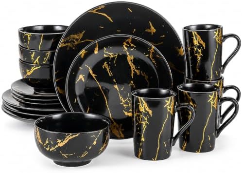 Black and Gold Marble Dinnerware Set for 4, 16-Piece Porcelain by Loymokinar