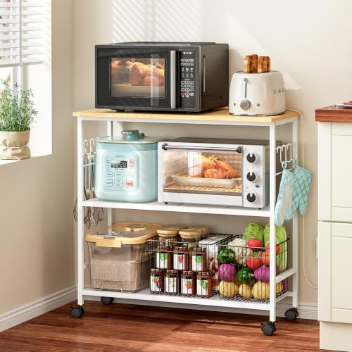 3 Tier Rolling Kitchen Microwave Cart, 33 Inch Microwave Table Stand with Adjustable Shelf, Kitchen Storage Island Utility Cart on Wheels, Bakers Rack Coffee Bar for Living Room, Office, White by ThreeHio
