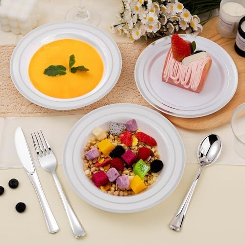 BESTSTAR 50 Pack Disposable Soup Bowls with Silver Rim - Image 2