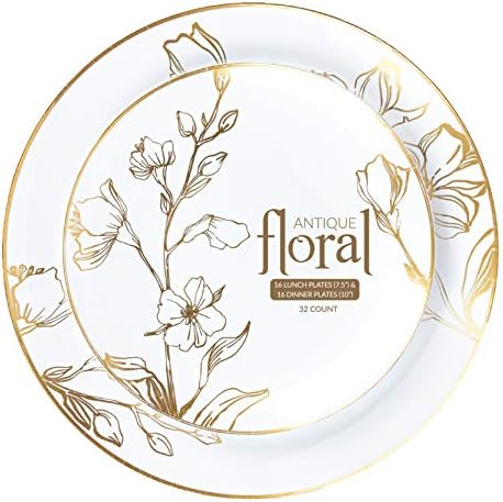 PLASTICPRO 64 Piece Combo Plates Set includes 32 7'' inch Plates & 32 10'' inch Plate White Plastic Floral Design Party Plates With Gold Rim, Premium heavyweight Elegant, Disposable, Dishes, - Image 3