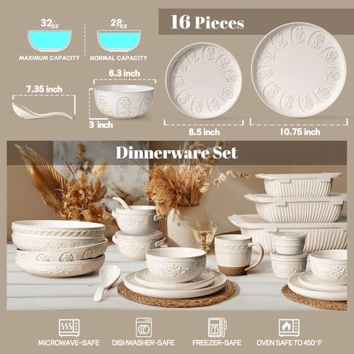 Artena Plates And Bowls Sets, 16 Pieces Dinnerware Sets, Dish Set For 4, Ceramic Kitchen Bowl And Plate Set, Embossed White Dishware Sets, Dishwasher & Microwave Safe (Pinwheel Flower) - Image 5
