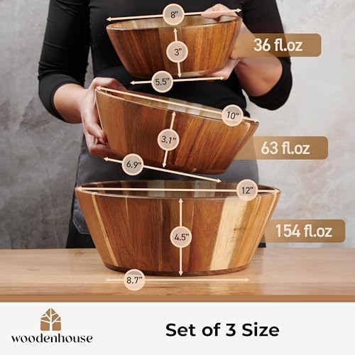 Wooden Salad Bowl Set of 3, Round 12" 10" 8" Wood Bowls for Serving Food - Image 4