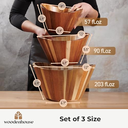 Wooden Salad Bowl Set of 3, Wavy 12" 10" 8" Wood Serving & Mixing Bowls - Image 4