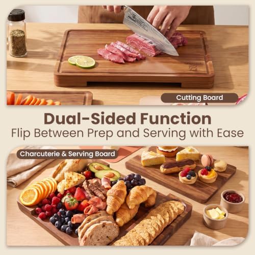 Piklohas Large Acacia Wood Cutting Board Set for Kitchen with Storage Stand - Image 4