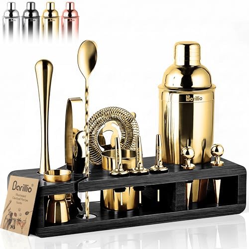 Barillio Gold Bartender Kit - Stainless-Steel Cocktail Shaker Set w/Black Bamboo Stand - Mixology Bar Tools w/Drink Shaker, Mixer, and Muddler for Cocktails - Home Bar Accessories - 23-Pc Bar Set by Barillio