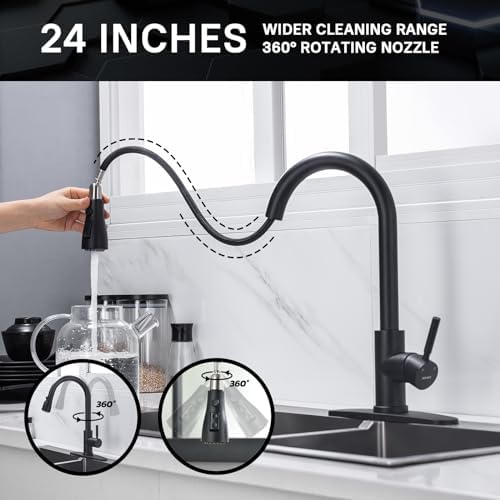 WEWE Pull-Down Kitchen Faucet, 3-Mode Sprayer, Matte Black, 2 Set - Image 3