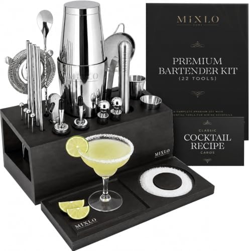 Mixology Bartender Kit - 22Pcs Bar Set Cocktail Shaker Set w Black Bar Cart Accessories Stand - Shakers Bartending Silver Tools, 24oz Shaker, 17 Recipe Cards, Martini Barware by Home
