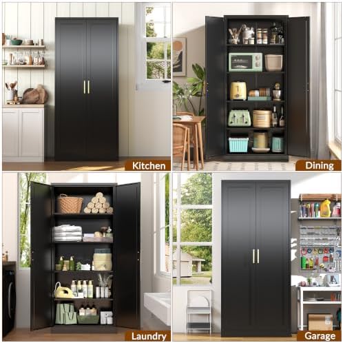 BESFUR 71" Tall Black Kitchen Pantry Cabinet, Metal Food Storage Cabinet with 4 Adjustable Shelves, Freestanding Cupboard with Doors for Kitchen, Dining Room, Living Room, Bathroom, Laundry Room - Image 5